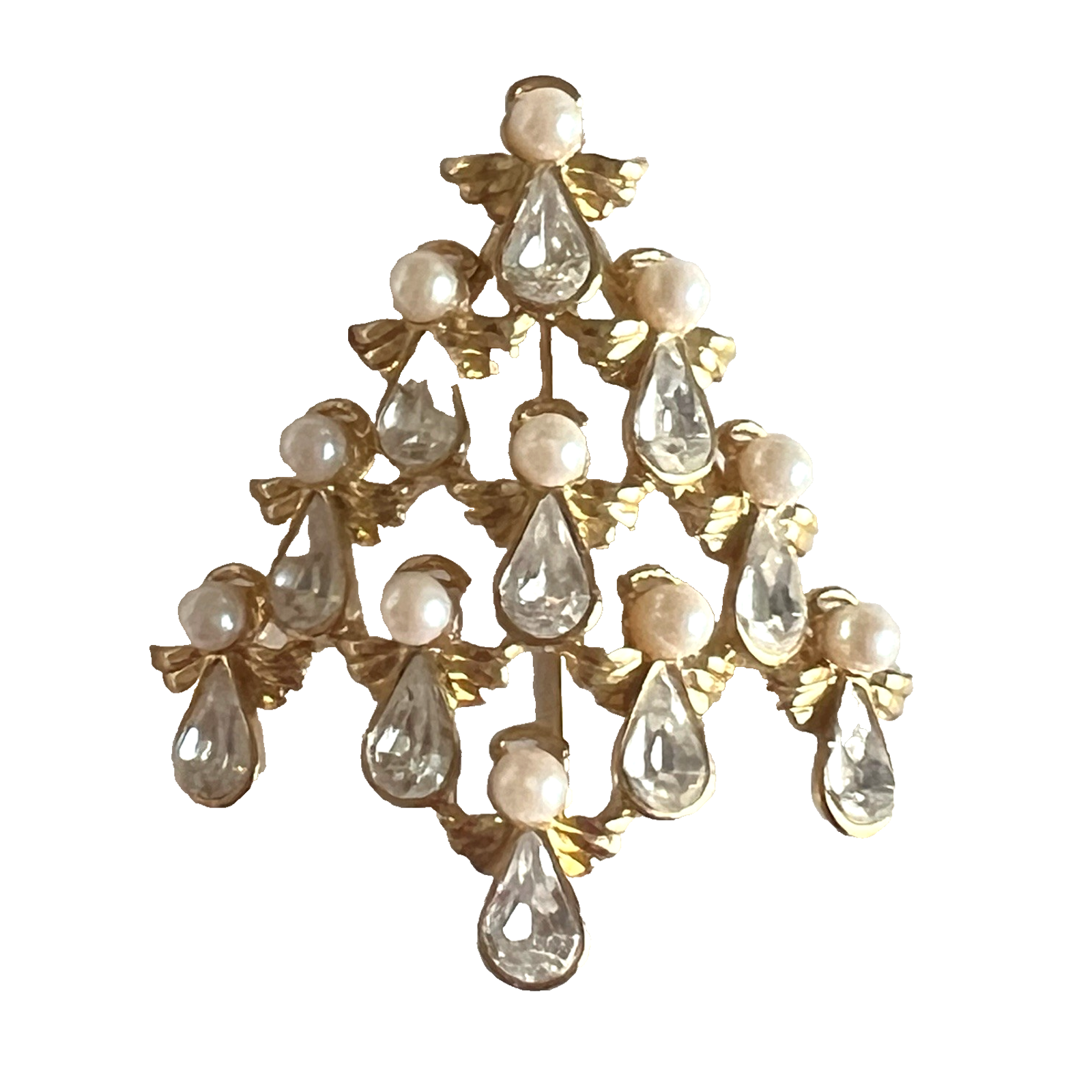 Vtg Nina Ricci Faux Pearl Rhinestone Angel Christmas Tree Brooch Pin Signed Nr